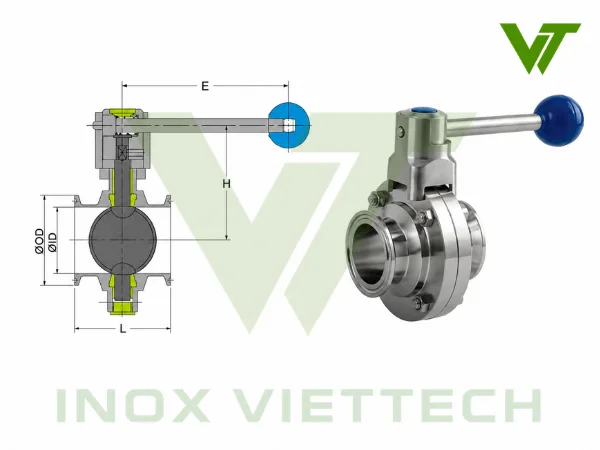 Bản vẽ kỹ thuật van bướm vi sinh tay rút nối clamp