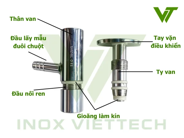 Van Lấy Mẫu Ren Inox Vi Sinh Cấu tạo của van lấy mẫu ren inox vi sinh